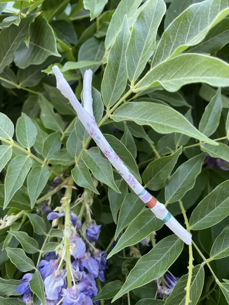 mini bâton peint en blanc avec des fleurs délicates - posé sur le feuillage de la gmycine en fleurs