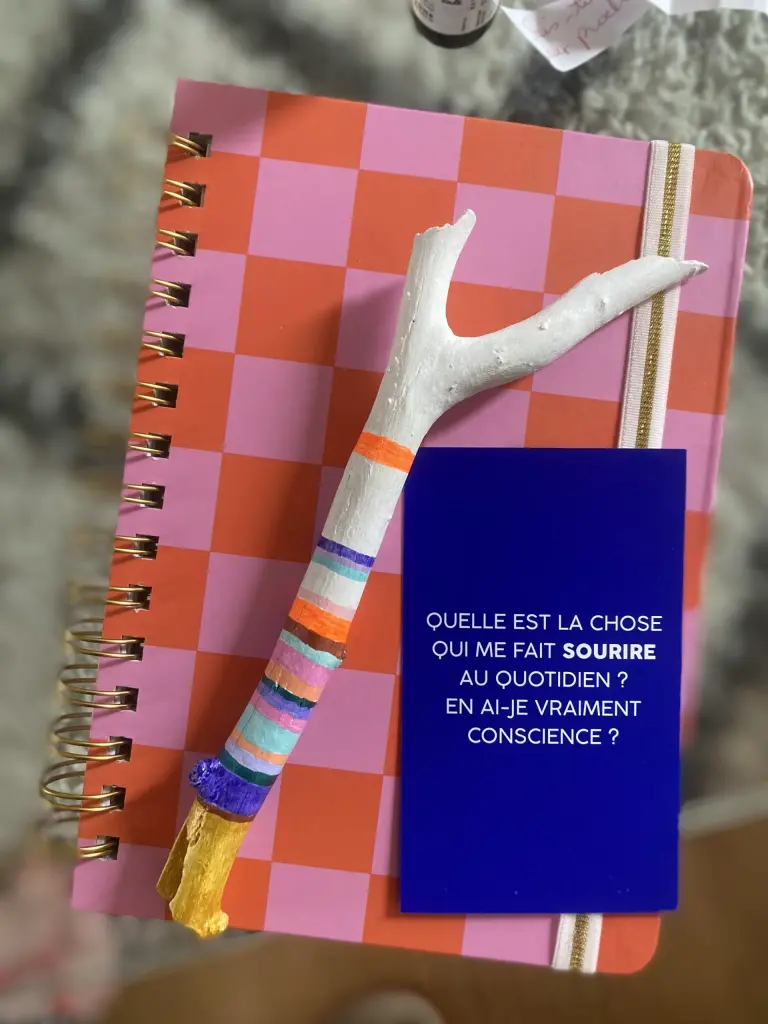 Bâton de parole multico posé sur un cahier damier rose et orange + une carte introspectiveI